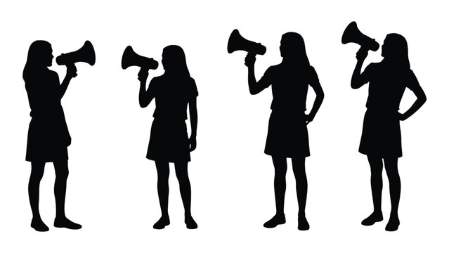 Four silhouettes of women holding megaphones facing forward in a row