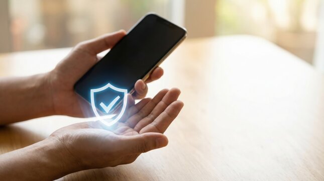 Mobile device data protection illustration with shield icon overlay in hand gestures, advanced digital security authentication interface for secure communication and privacy optimization