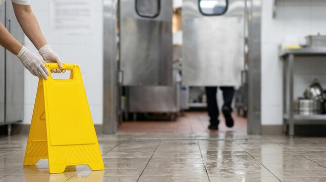 Janitorial safety implementation with yellow caution sign placement on wet tiled floor in commercial kitchen environment for accident prevention and operational compliance