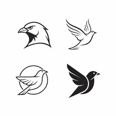 Obraz premium Four minimalist black and white bird logos, including an eagle head, a flying dove, a bird in a circle, and a solid silhouette.