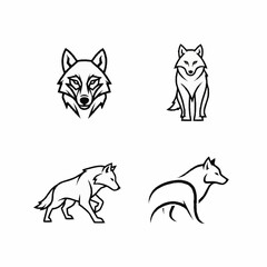 Fototapeta premium Four distinct black and white line art illustrations of wolves in various poses and styles, including a detailed head, a seated wolf, a walking wolf, and a stylized profile.