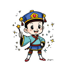A cartoon boy dressed in traditional Chinese attire holding a magic wand