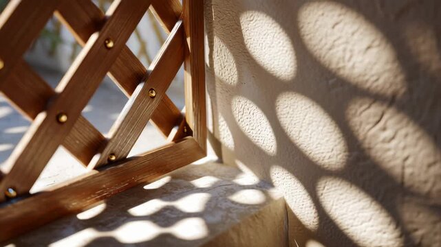 Wooden lattice screen casting patterned circular shadows and sunlight textured wall and ledge creating warm natural shadow texture
