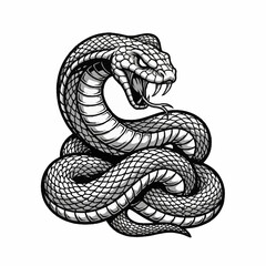 Obraz premium Detailed black and white illustration of a coiled cobra snake with fangs exposed and hood spread, ready to strike.
