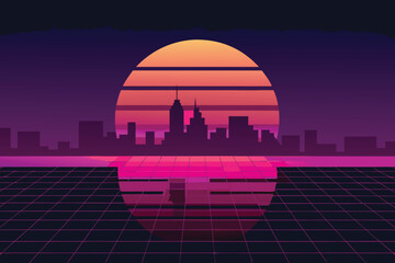 Obraz premium A futuristic cityscape with a vibrant sunset and reflective water surface