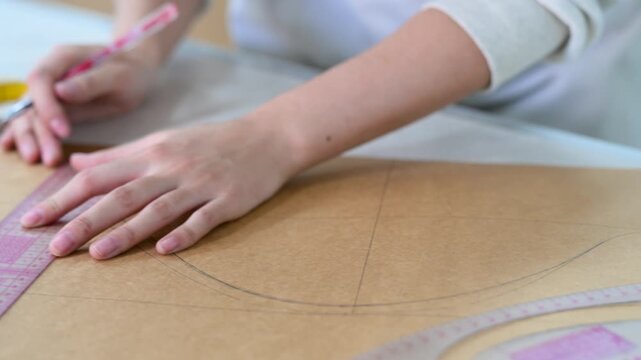 Tailor measuring fabric pattern in the Mongolian studio behind the trending Paris 2024 Olympic Team collection in Ulaanbaatar, Mongolia.