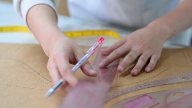 Designer drafting pattern with ruler at Michel and Amazonka studio in Ulaanbaatar, Mongolia. Precision tailoring for the viral Mongolia Paris 2024 Olympic uniforms.