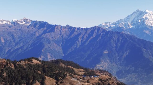 Aerial view from Kalinchowk in Nepal shows Himalayan peaks including Annapurna Manaslu Ganesh Himal Langtang Dorjee Lakpa Gauri Shanker and other mountains