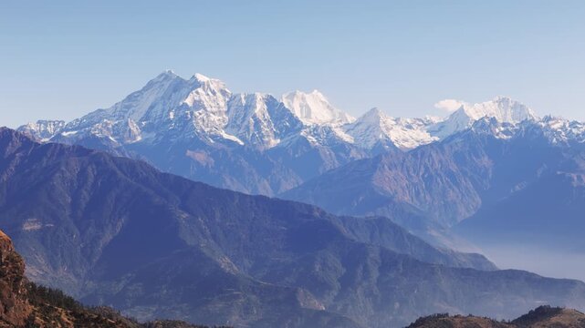 Aerial view from Kalinchowk in Nepal shows Himalayan peaks including Annapurna Manaslu Ganesh Himal Langtang Dorjee Lakpa Gauri Shanker and other mountains