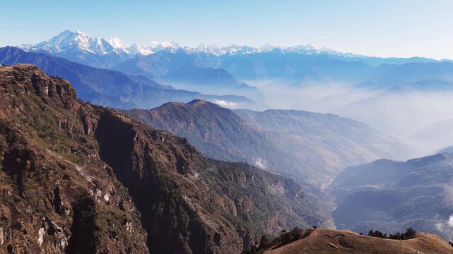 Aerial view from Kalinchowk in Nepal shows Himalayan peaks including Annapurna Manaslu Ganesh Himal Langtang Dorjee Lakpa Gauri Shanker and other mountains