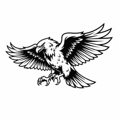 Obraz premium Powerful black and white illustration of an eagle in flight with wings spread and talons extended, ready to strike.