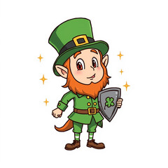 A cheerful cartoon leprechaun holding a shield with a four-leaf clover