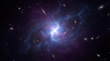 Obraz premium Bright central explosion illuminates distant galaxies and swirling cosmic dust clouds in a dense field of deep space stars.