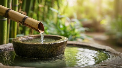 Serene Japanese Garden Scene - Bamboo Fountain and Tranquil Water Feature.