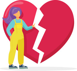 Heartbreak relationship concept &ndash; woman standing next to giant broken red heart
