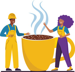 industrial workers sharing hot coffee break near giant yellow mug