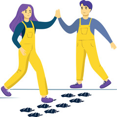 man and woman high fiving while following footprint trail