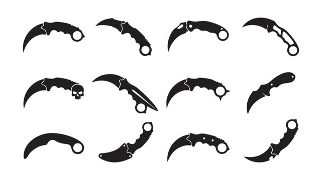 Karambit knife silhouettes with curved blades and finger ring handles Black Vector Karambit Icon Set - 12 Curved Claw Knife Silhouettes