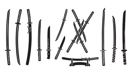 Japanese katana and samurai sword silhouettes with scabbards and handles Black Vector Katana Icon Set - 12 Japanese Samurai Sword Silhouettes © TosherAsh