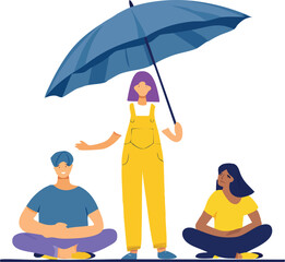 Social empathy concept &ndash; woman holding blue umbrella to protect friends sitting on ground
