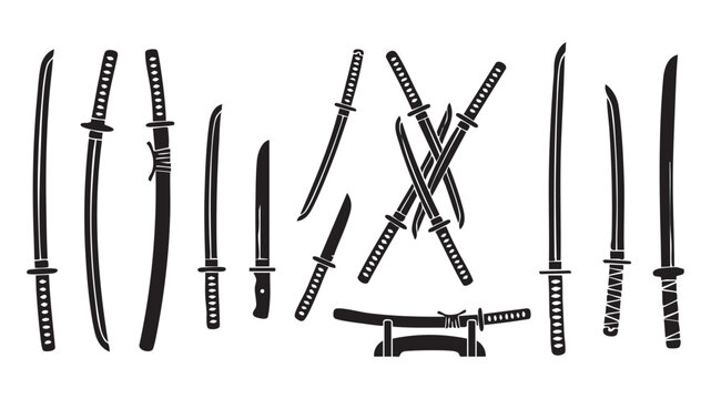 Japanese katana and samurai sword silhouettes with scabbards and handles Black Vector Katana Icon Set - 12 Japanese Samurai Sword Silhouettes