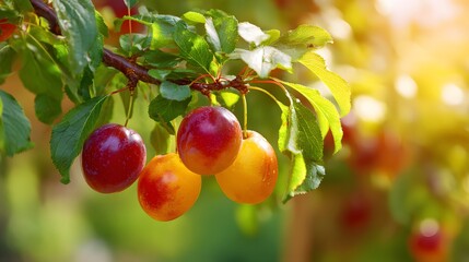 Obraz premium Close-up of ripe plums hanging from a tree branch in a sunny orchard, ready for harvest.
