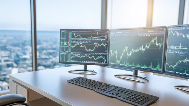 Trading desk with multiple monitors displaying stock charts and keyboard in modern office with city view and empty chair