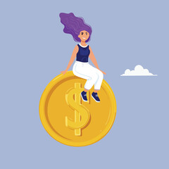 Financial success concept &ndash; happy woman sitting on giant flying gold dollar coin