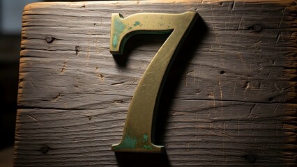 Golden number seven rests on dark wood