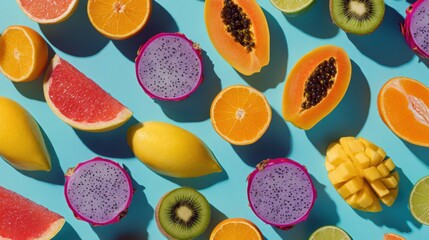 Naklejka premium Vibrant assortment of tropical fruits arranged on a blue background, showcasing their colorful, fresh appeal.