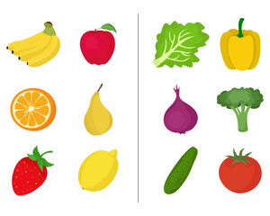Fototapeta premium Healthy fresh fruits and vegetables strawberry apple bananas tomatoes cucumber onion pepper