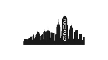 Fototapeta premium A black silhouette of a city skyline with a futuristic 2026 tower