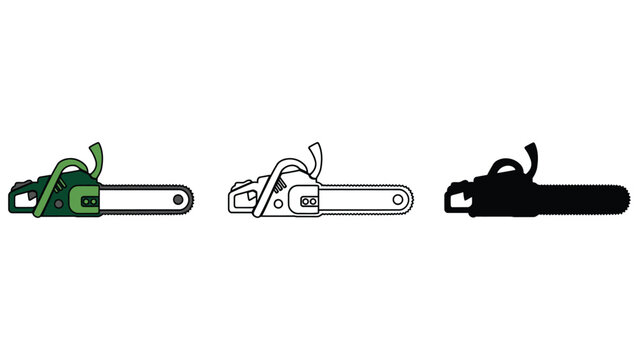 A colorful illustration of three different chainsaws in green, black and white.