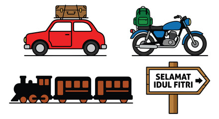 Fototapeta premium A festive collection of vector icons showcasing holiday travel modes car, motorcycle, and train, along with a seasonal greeting sign for journeys