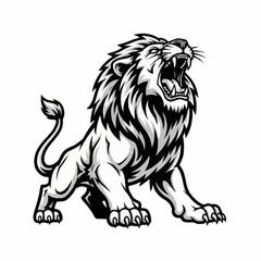 Obraz premium A powerful and majestic roaring lion in a striking black and white graphic illustration, showcasing its fierce expression and wild mane.