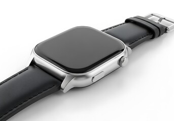 Elegant smartwatch with sleek design and black leather strap on display