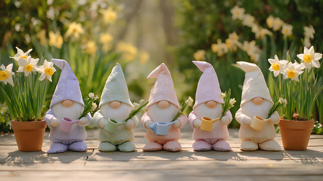 Whimsical spring garden gnomes in pastel colors sitting on a wooden bench among blooming flowers and potted plants, perfect for seasonal decoration and garden inspiration.
