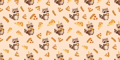 Fototapeta premium Seamless pattern with cute raccoons eating pizza and celebrating a pizza-themed birthday. Playful cartoon animals, cheesy pizza slices and party mood, perfect for Pizza Day, kids decor, wrapping paper