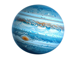 Striking, orb-like gas giant with bands of blue, tan, and white swirls