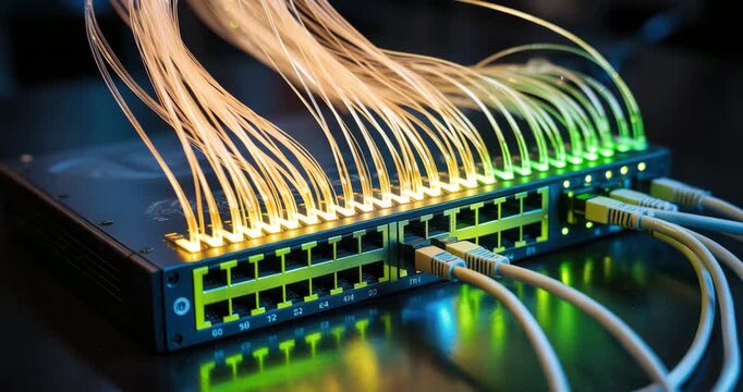 Vibrant network switch with colorful cables for high-speed data transfer
