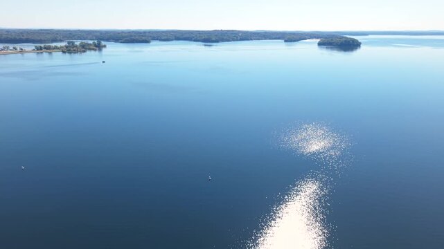 Aerial Flyover Of Cars Driving Over Spillway Bridge At J. Percy Priest Reservoir In Tennessee, USA.