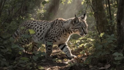 Serval cat prowls through sun-dappled forest undergrowth, hunting for prey.