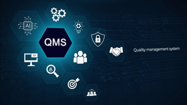 Quality management system business and industrial technology concept. QMS. 3D dark blue background 4k animation