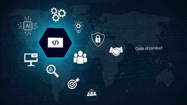 Software, web development, programming concept. Programming languages java and program. Software development. 3D dark blue background 4k animation