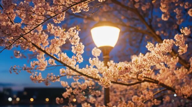 Glowing street lamp under a cherry blossom tree branch at dusk, illustrating the fading light of evening