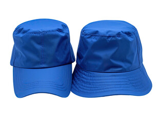 Two side-by-side blue hats, one baseball, one bucket, on black background