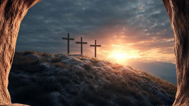 Scenic view of three crosses on a hill during sunset, symbolizing Good Friday, captured through a cave opening with dramatic lighting and natural landscape