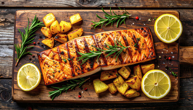 Fillet Salmon Segar yang Dimasak dengan Bekas Panggangan disajikan dengan Kentang Goreng dan Rempah-rempah.