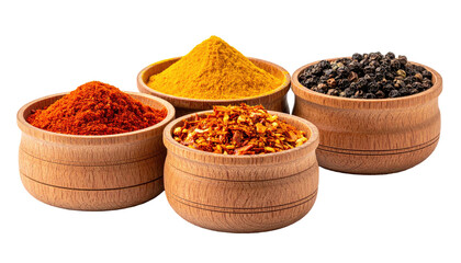Wooden bowls filled with different spices, set against a dark background