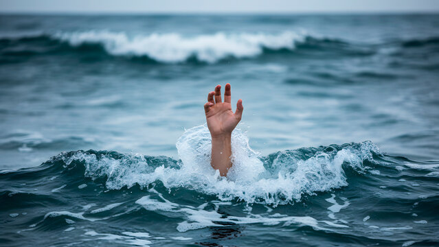 Hand of a person reaching out of the ocean water, concept of drowning, danger, trouble, asking for help, and struggling